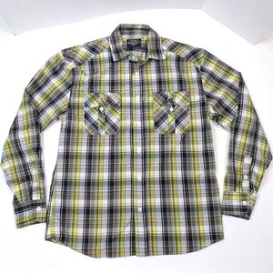 Brooklyn Express Shirt Men's Sz L Yellow Green Black Plaid Long Sleeve Button Up